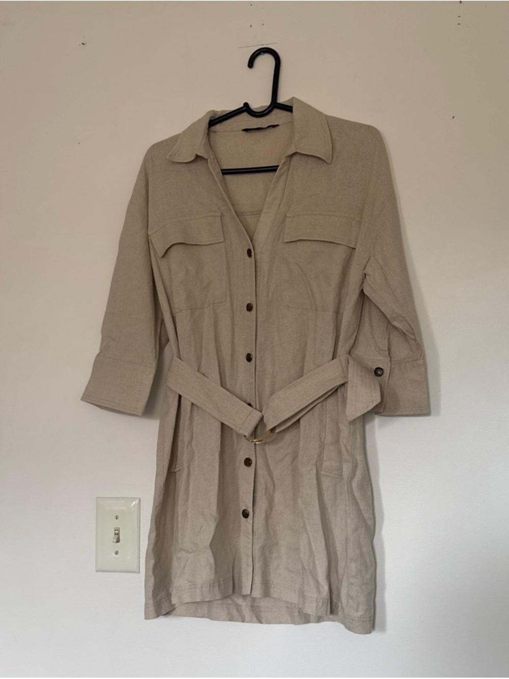 Zara Neutral Beige Button-Front Shirt Dress with Belt size M